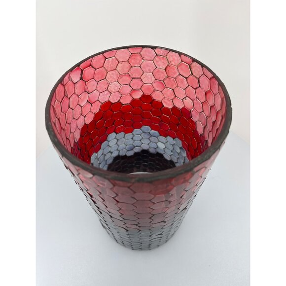 Honeycomb Hurricane Glass Mosaic 10" Tall, Charcoal Grey, Grey, Red, Light Red - Picture 6 of 13
